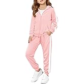 Haloumoning Girls 2 Piece Outfits Sweatsuit Kids Athletic Zip Up Hoodie and Sweatpants Clothing Sets 5-14Y