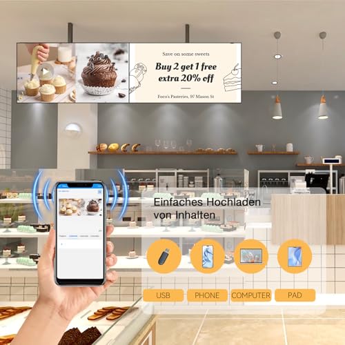 Digital Signage Display 23.6 Inch Wall-Mounted Advertising Screen, 2K FHD Digital Menu Board, 700 Nits Ultra High Brightness Advertising Display Digital Ideal for Business & Restaurant, HDMI/WLAN, Black