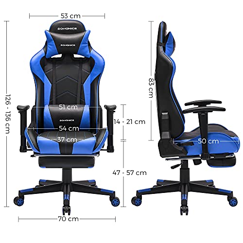 SONGMICS-Silla-Gaming-Silla-de-Oficina-Silla-Ergonomica-Reposapies-Telescopico-Apoyabrazos-Ajustables-Respaldo-Ajustable-de-90a-135-Asiento-Oscilante-Carga-de-150-kg-Negro-y-Azul-RCG016B02
