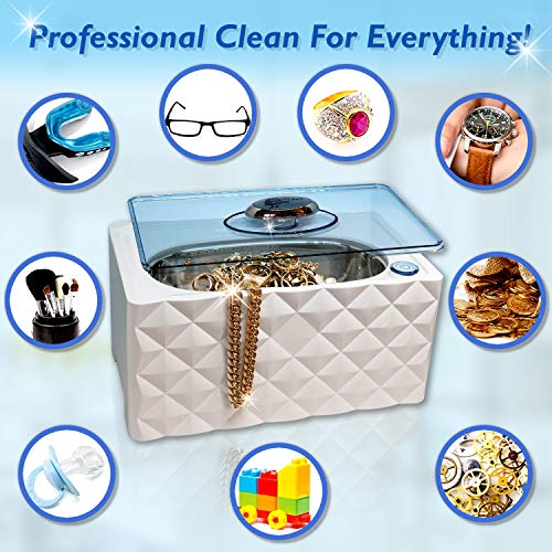 Deluxe Ultrasonic Cleaner | Jewelry Dentures Retainers Eyeglass Cleaner Watches Utensils Rings Coins | Digital Ultra Sonic Cleaner with Bonus Micro Fiber Towel Eyeglasses | Ultrasonic Jewelry Cleaner