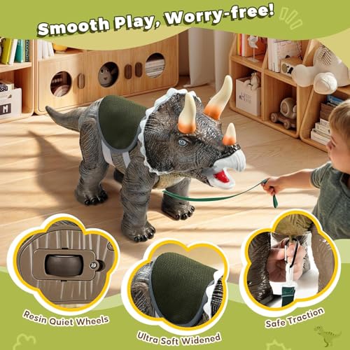 Dinosaur Ride On Toy Car for Kids - Triceratops with Roar Sound & Light Up Horns, Safe Pull String & Comfortable Seat, Indoor Outdoor Walking Trainer, Ideal Birthday Christmas Gift for Toddlers