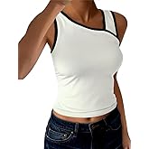 DeXianLai Women Sexy Asymmetrical V Neck Tank Top Summer Y2K Going Out Basic Cami Shirt