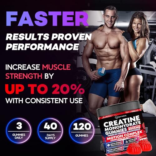 JUYIHEAL 8-in-1 Creatine Monohydrate Gummies, 8055 mg Creatine Complex Gummies for Enhanced Muscle Growth, Energy Boost - with L-Taurine, B6, Sugar Free Creatine Supplement, 120 Count, Vegan, Raspberry Flavor
