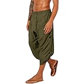 Gafeng Mens Linen Harem Capri Pants Drawstring 3/4 Shorts Casual Beach Yoga Hippie Thai Pants