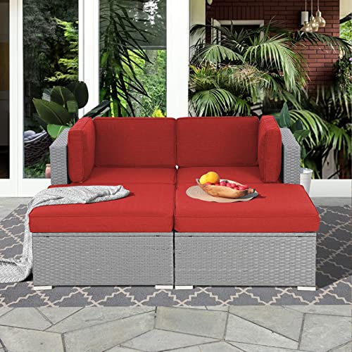 Patiomore Patio Rattan Daybed, 4Piece Outdoor Sectional Sofa Set, AllWeather Grey Wicker