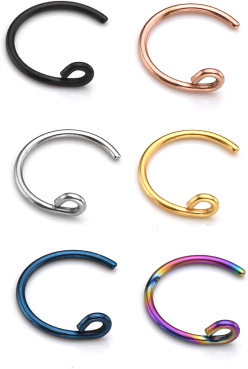 AllerPierce 20G Fake Nose Ring Hoop Faux Cartilage Nose Hoops Non Piercing Jewelry Fake Septum Ring for Women Girls 6 PCS (Hook C-Shaped)