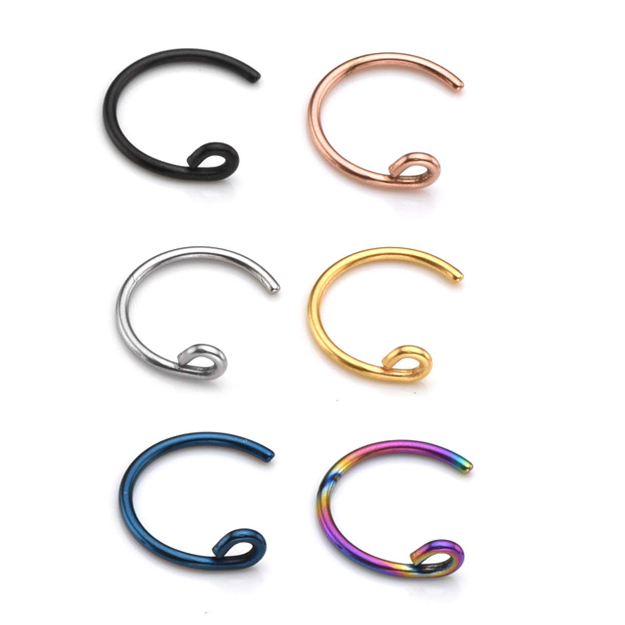 AllerPierce 20G Fake Nose Ring Hoop Faux Cartilage Nose Hoops Non Piercing Jewelry Fake Septum Ring for Women Girls 6 PCS (Hook C-Shaped)