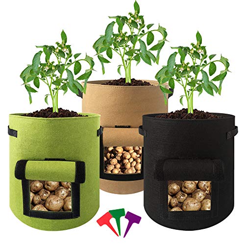 NELOVE 3 Packs 7 Gallon Potato Grow Bags, Heavy Duty Non-Woven Aeration Fabric Pots with Flap and Handles w/ 3 Plant Labels