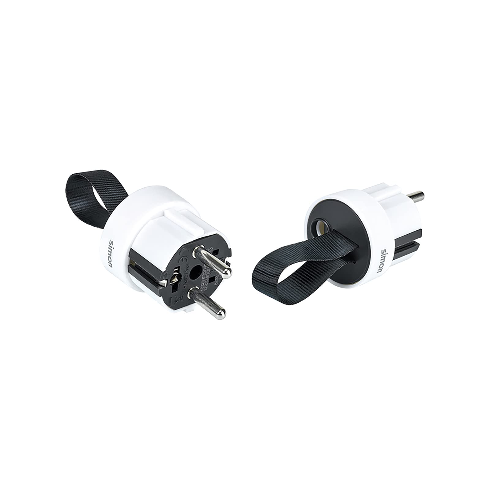 Simon PLUG – Extra Flat Plug with Front Outlet, Male Plug 16 A 250V, with Ground Socket and Easy-Pull System, Ideal for Tight Spaces and Behind Furniture, White and Black