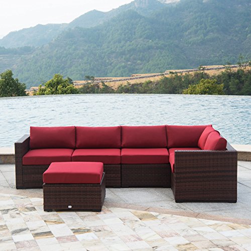 AURO Outdoor Furniture 6-Piece Sectional Sofa Set All-Weather Brown Wicker with Water Resistant  ...