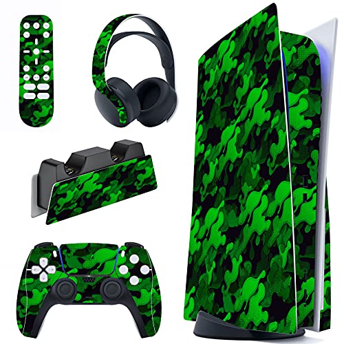 PlayVital Black Green Camouflage Full Set Skin Decal for PS5 Console Disc Edition, Sticker Vinyl Decal Cover for PS5 Controller & Charging Station & Headset & Media Remote