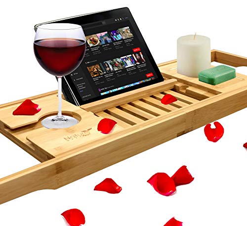 Nature Gear Wood Bamboo Luxury Bath Caddy for Your Book, Tablet or Smartphone - Bathtub Tray with Extending Arms