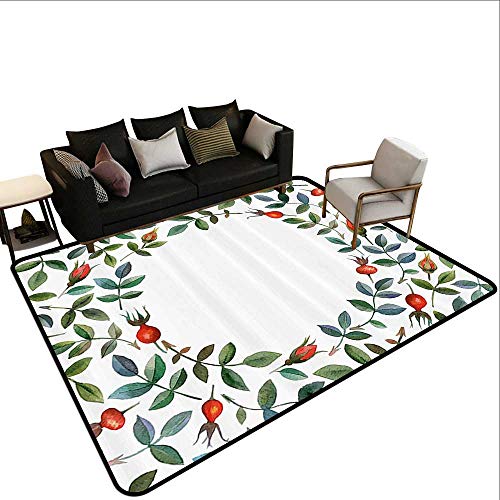 Throw Rugsï¼ŒFloral,Christmas Like Frame Image Buds Flowers Leaves Watercolor Vector Art,Red Olive Green Blue Green 63"x 94" Office Chair Floor Mat Foot Pad