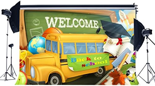 Gladbuy Welcome Back to School Backdrop 7X5FT Vinyl School Bus Backdrops Blackboard Graduation Hat Class of 2018 Photography Background for Students Teachers Congrats Party Photo Studio Props KX838