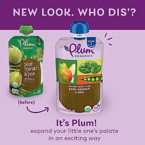 PLUM ORGANICS STAGE 2, ORGANIC BABY FOOD, PEAR, SPINACH, AND PEA, 4 OUNCE, NEW LOOK, PACKAGING MAY VARY.