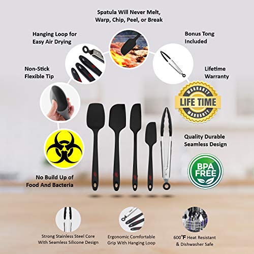 Kaluns 5-Piece Spatula set Black Includes 4 Silicone Spatulas and One 9" Tong, Rubber Kitchen Tools for Cooking, Baking and Mixing, Strong Stainless steel core design, Non-stick, 600F Heat resistant - Thumbnail 4