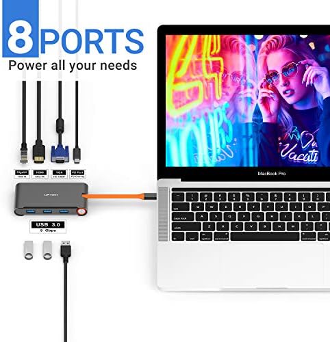 UPVICH USB C Hub,Type C Hub with 4K HDMI VGA 1000M RJ45 Ethernet LAN 5Gbp/s 3 USB 3.0 Power Delivery 100W USB C Adapter Compatible MacBook pro,Dell,Samsung S8/S9 Smartphone Screen cast and More
