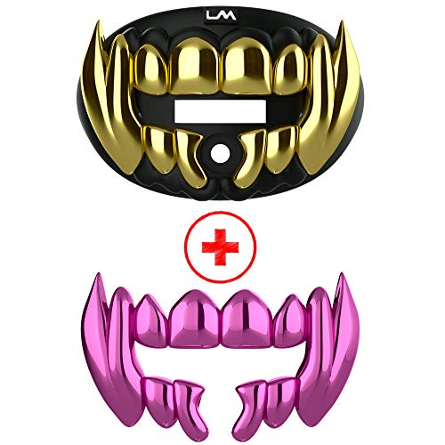 Loudmouth Football Mouth Guard | 3D Beast Chrome Adult and Youth Mouth Guard | Mouth Piece for Sports | Maximum Air Flow Mouth Guards (3D Beast - Chrome Black/Gold + Pink)