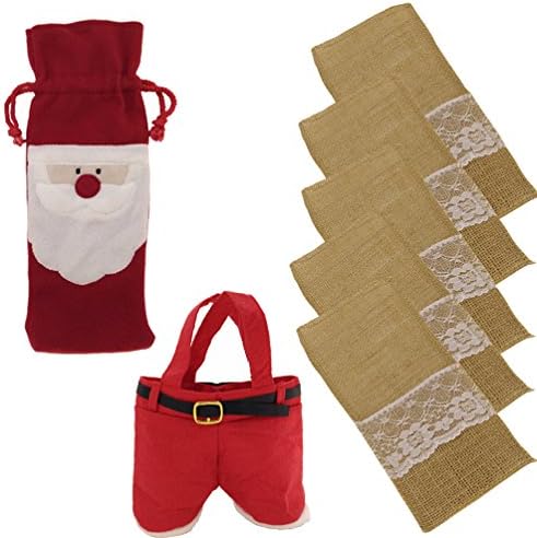 Steen Pack of 7, 4 x 8 Inch Natural Burlap Silverware Napkin Holders+Christmas Santa Claus Wine Bottle Cover Bags+Christmas Candy Bag