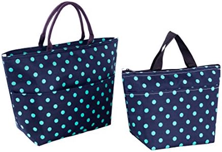 Lunch Hand Bags, SUROY Oxford Cloth Foil Insulated Cooler Bag, Portable Outdoor Camping Zipper Cooler Bag Set of 2 Combination Packs (2 X Green spot)