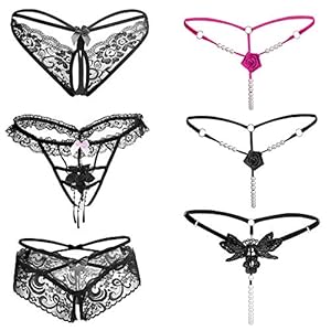 Joeyer 6 stuks damesstring tanga’s zwart ondergoed met kant parel