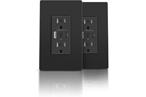 TOPELER Black USB Wall Outlets, 4.8A USB Wall Receptacle with Type A & Type C Ports, Duplex 15 Amp Tamper Resistant Electrical Outlet, Screwless Wallplates Included, ETL Listed, 2 Pack