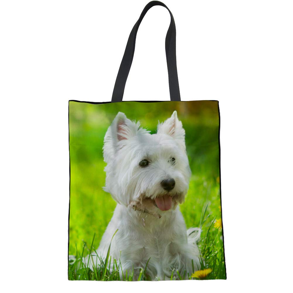 Coloranimal New Cartoon Cute Westie Women' Canvas Tote Shoulder Bagpack West Highland White Terrier Linen Shopper Handbag Top-Handle Cloth Bag Wallet Purse Teen Girl Recycling Schoolbag