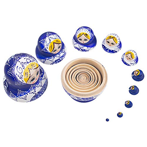 POPLAY 10 pcs. Beautiful Wooden Russian Nesting Doll Blue/Handmade Painted Gifts