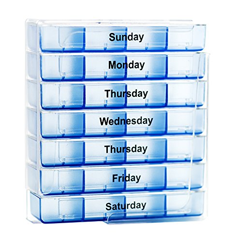 7 Day 4 Times a Day Pill Box Organizer Weekly Pill Organizer Case Holder Dispenser for Your Supplements and Pills by SURVIVE! Vitamins in Translucent Blue Color