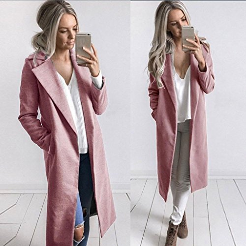 Vovotrade Women Solid Windbreaker Open Front Cardigan Winter Warm Coat Turn-down Collar Long Trench Parka Casual Overcoat (S, Pink)