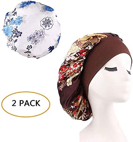 Wide Band Bonnet Night Sleep Cap Sleeping Head Cover for Women Girls (White Floral+Coffee Floral,2 Pieces)
