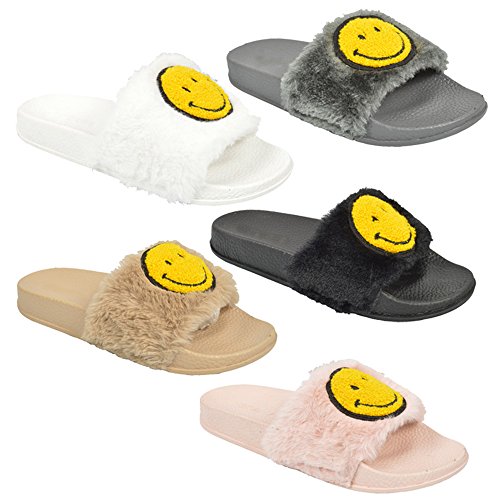 Smiley Face Faux Fur Slide Flip Flop Open Toe Slippers.