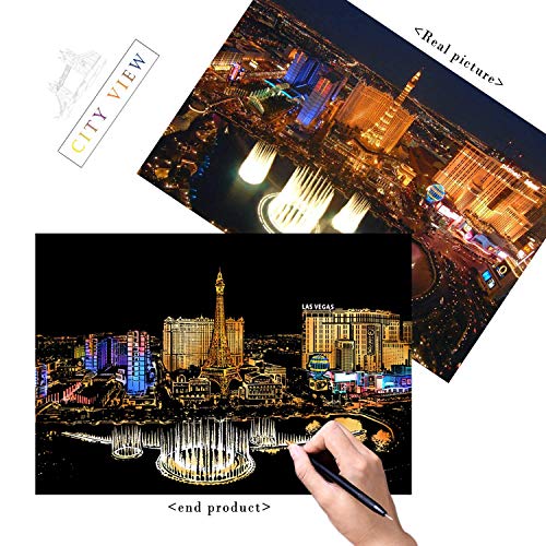 UPSTONE Scratch Art Paper Rainbow Painting Sketch Pad DIY Night View Scratchboard for Adults and Kids ï¼Œ16 X 11.5 Inches (Las Vegas)