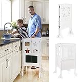 Guidecraft Classic Kitchen Helper Stool - White W/Keeper and Non-Slip Mat: Foldable, Adjustable Height Safety Cooking Stool for Toddlers with Chalkboard and Whiteboard Message Boards