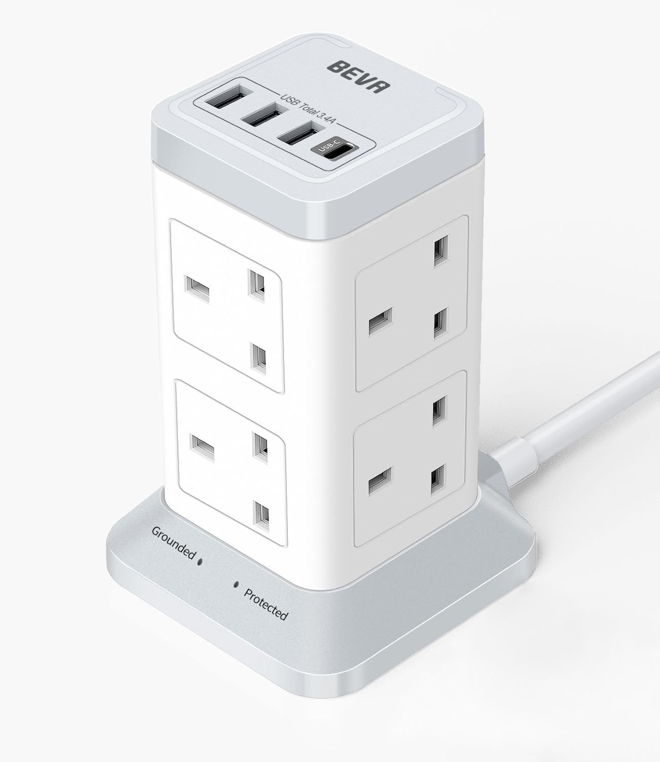 Tower Extension Lead with USB Slots, BEVA 8 Way Extension Socket with 3 USB-A and 1 USB-C Ports, 2100J Surge Protected Extension Plug Tower with Switch 2M Cable(13A 3250W) for Home, Office