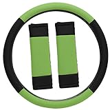 OxGord 3pc Set Flat Cloth Mesh Steering Wheel Cover Seat Belt Pads, Universal 15 Fits Most Car, SUV, Van Trucks - Green Black