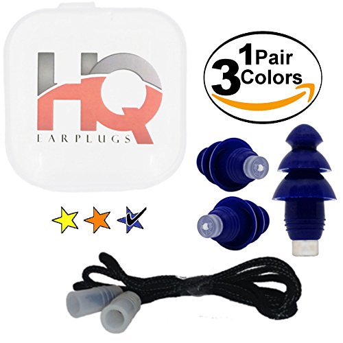 Soft Silicone Ear Plugs with Filter- Noise Cancelling & Hearing Protection By HQ Earplugs - NRR 25 to 29db – Water Block Ends – One Size Fits All (Blue)