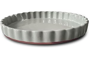 MORA CERAMICS HIT PAUSE Mora Ceramic Tart Pan, 9.5 Inch Large Porcelain Baking Dish for Tarts, Quiche, Pie, Flan etc. Fluted Ruffled Edge, Oven, Microwave, Freezer, and Dishwasher safe - Great Gift For Bakers - Earl Grey