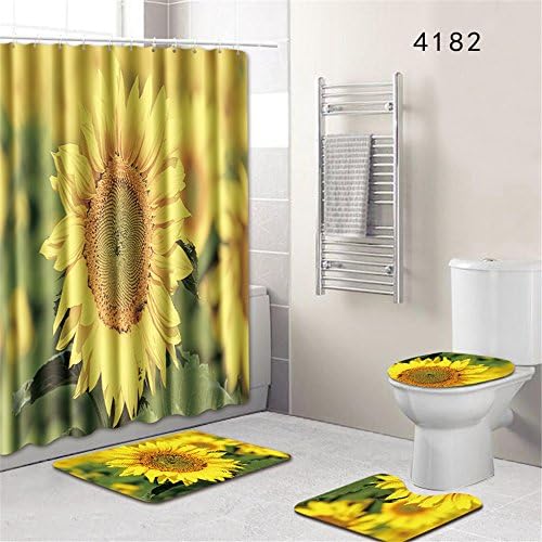 Oyeahbridal Set of 4 Nature Painting Shower Curtain and Bath Mat Set,Blooming Sunflower Art Decor Waterproof Non-slip Bathroom Curtain and Rug Set with Hooks(Multi 10)