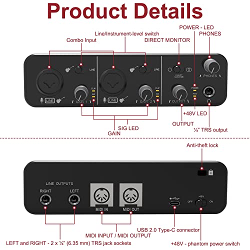 USB Audio Interface with MIDI Inputs/Output Ports(24Bit/96kHz)+48V ...