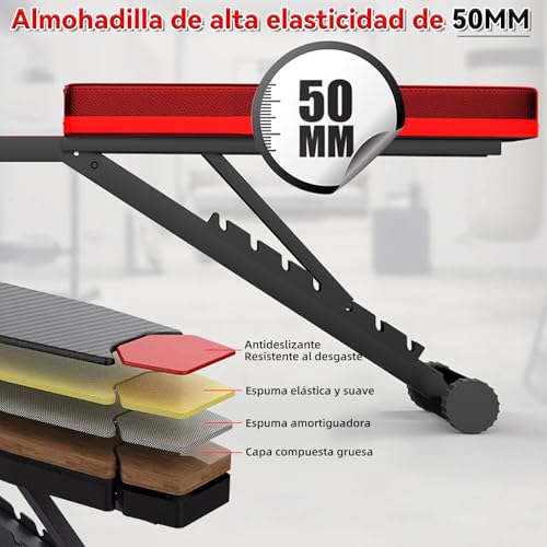 SAFONUS Banco de Ejercicio Multifuncional Ajustable con Almohada de Cabeza Regulable - Incluye Banda de Resistencia y Almohadilla de Soporte para Mancuernas,Banco Pesas Plegable Multiposiciones para Entrenamiento en Casa
