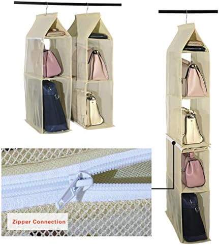 Detachable 6 Compartment Organizer Pouch Hanging Handbag Organizer Clear Purse Bag Collection Storage Holder Wardrobe Closet Space Saving Organizers System For Living Room Bedroom Home Use(Beige)
