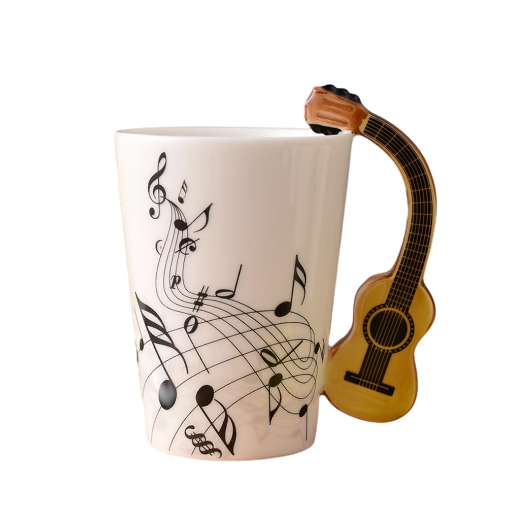 Lrtzizy 240Ml Ceramic Mug Music Ceramic Mug Cute Coffee Tea Milk Stave Mugs and Cups with Handle Novelty Gifts Wooden Guitar