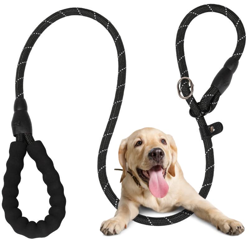 Jabson Dog Lead, 1.5M Nylon Slip Lead, Soft Padded Handle, Medium/Small, Black, for Dog Training, with Anti-Choker and Reflective Stitching
