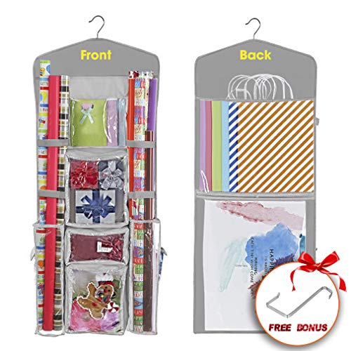 ProPik Hanging Double Sided Wrapping Paper Storage Organizer with Multiple Pockets Organize Your Gift Wrap, Gift Bags Bows Ribbons 40"X17"Fits 40 Inch Rolls Red White and Clear PVC Bag (Grey)