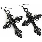 Gothic Black Cross Dangle Drop Earrings for Women Vintage Rose Crystal Cross Goth Halloween Jewelry Victoria Dark Witch Accessories