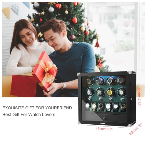DUKWIN Watch Winder for 2/4/6/8 Automatic Watches with Key Lock, 3/6 Extra Watch Storages,4 Rotation Modes, LED Light, Super Quiet Motor, Spring Watch Pillows for Men＆Women