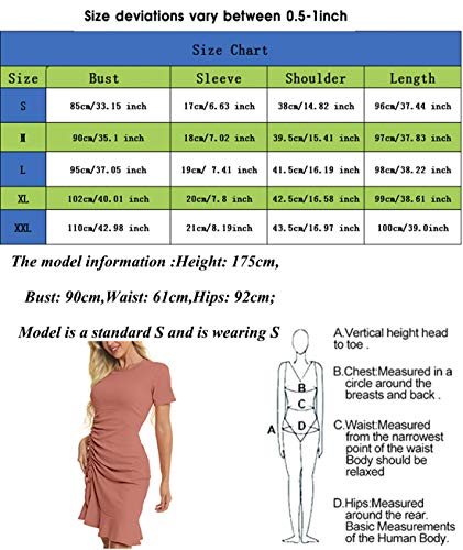 Zaprada Casual Pink Bodycon T Shirt Dresses for Women Summer Crew Neck Side Drawstring Ruched Ruffle Mini Dress