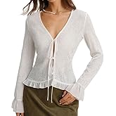 Women Knit Cardigan Lace Trim V Neck Long Sleeve Tie-Wrap with Flared Cuffs Fall Winter Womens Tops Knitted