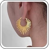 Jugielu Vintage Big Sun Earrings Punk Large Sunburst Hoop Earrings Gold Spikes Rivets dangle Earring Exaggerate Metal Spike Huggie Studs Statement Fan Shaped Sunburst Earring Jewelry for Women